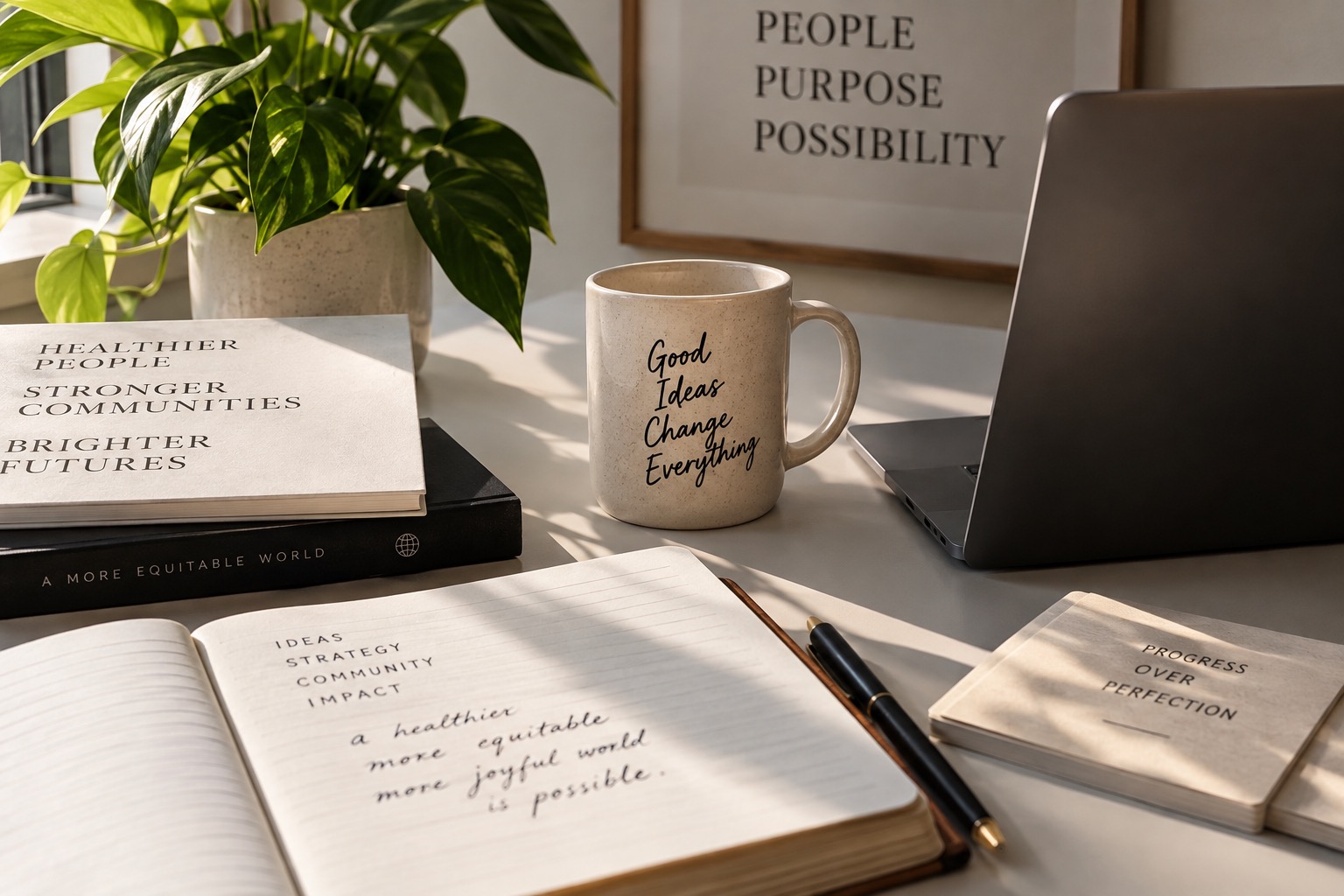 Editorial workspace with notebook, books, and laptop